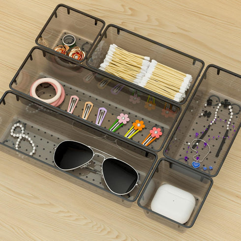WOWBOX 6 Pack Clear Drawer Organizer Set, Acrylic Storage Trays for Makeup, Cosmetics, Jewelry, Office, Black