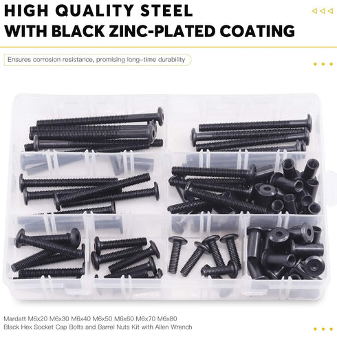 Mardatt 85pcs 7 M6x20mm/30mm/40mm/50mm/60mm/70mm/80mm Sizes Black Hex Socket Cap Bolts and Barrel Nuts Assortment Kit