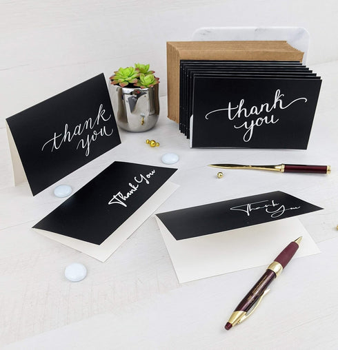 T&M Quality Designs LLC 100 4 4x6 Inch Black Thank You Cards with Brown Kraft Envelopes and Stickers - Designs Bulk