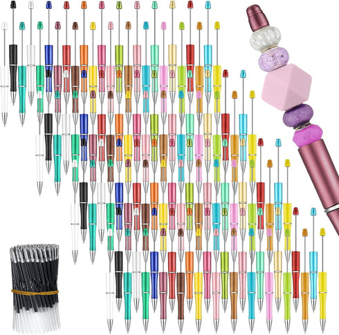 Kosiz 100 Pieces Plastic Beadable Pens - Black Ink Ballpoint Pens with 100 Refills for DIY Gifts for Kids and Students