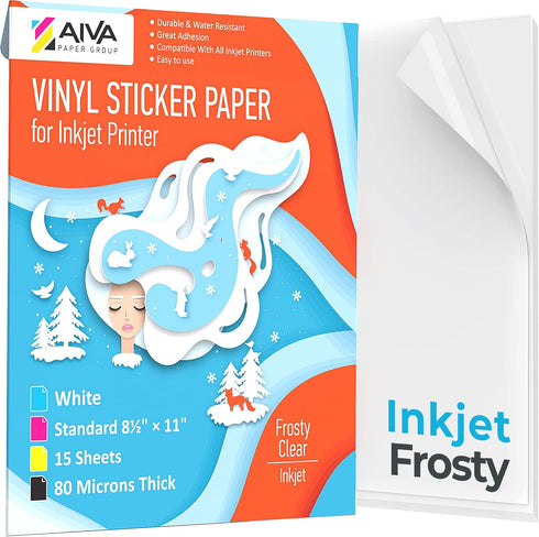 Printable Vinyl Sticker Paper for Inkjet Printer, Frosty Clear, 15 Self-Adhesive Sheets, Waterproof Decal Paper