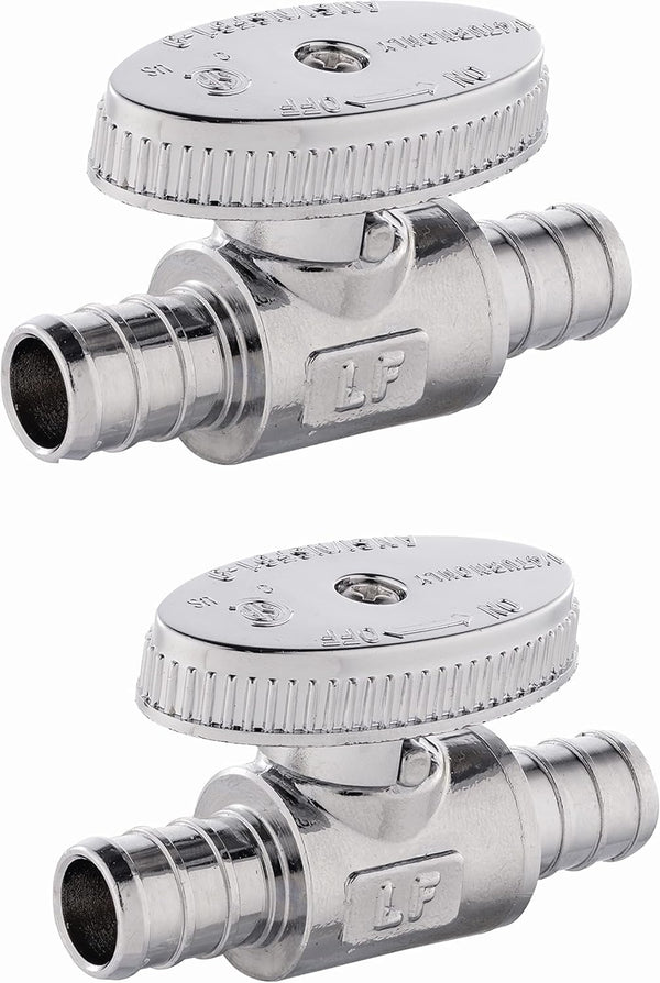 (Pack of 2) EFIELD 1/4 Turn Straight Stop Valve Barb Crimp 1/2" Pex x 1/2" Pex Chrome Plated Brass