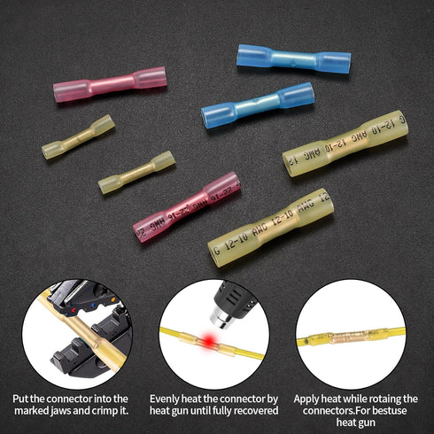 130 Pcs Heat Shrink Butt Connectors Kit, 10-26 AWG Waterproof Insulated Marine Automotive Crimp Terminals