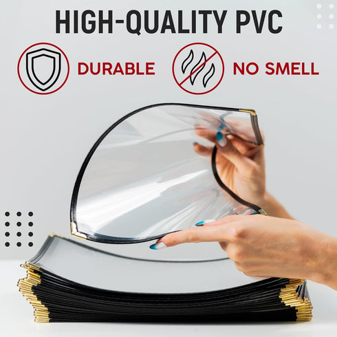 25 8.5'' 11'', Restaurant Menu Covers x Double Stitched Single Pocket Menu Holder with Golden Corners, Clear Viewing