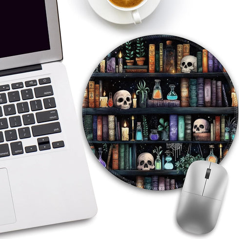 lebrocoli 8.6 8.6 inch Bookshelf and Skull Mouse Pad, Skeleton Goth Gothic Small Round Mousepads for Desk, Mini Travel