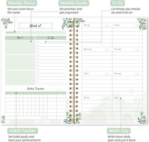 Undated Weekly Planner Notebook with Goal & Habit Tracker, A5 5.8" x 8.0" for Men or Women