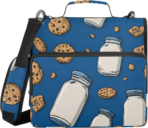 Fisyme Milk Bottles Cookies Blue Zipper Binder 3 Ring with Zipper and Shoulder