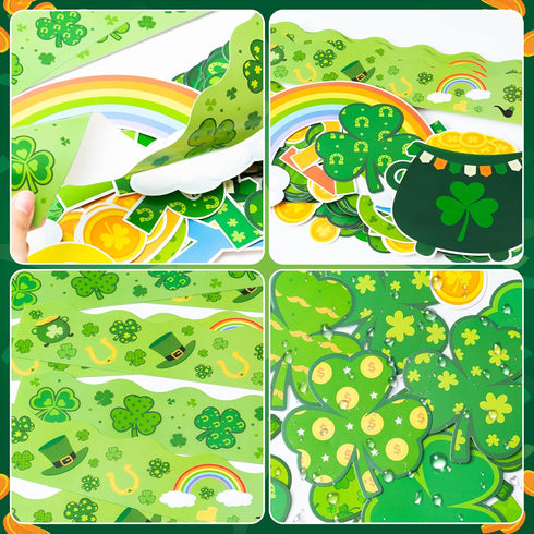 St. Patrick Shamrock Bulletin Board, 121P Classroom Decor with Clover Gold Rainbow Stockpot Cutouts for Home
