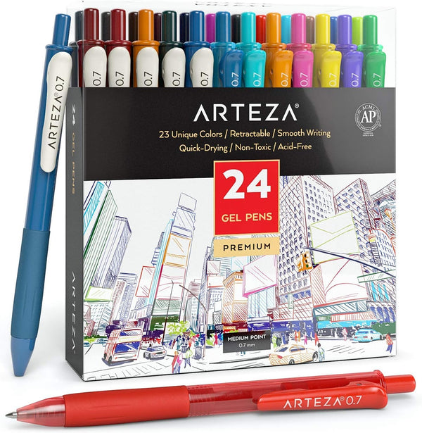 Arteza Colored Gel Pens, Pack of 24, 10 Vintage and 14 Vibrant
