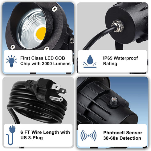20W 120V 3000K 6 3-Plug SUNVIE Outdoor Landscape Spotlights Waterproof Dusk to Dawn Spot Lights Outdoor LED Spotlight