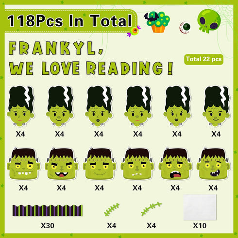 Haooryx 118Pcs Green Monster Bride Bulletin Board Decoration Set, Character Cutouts for Christmas Home Theme Party