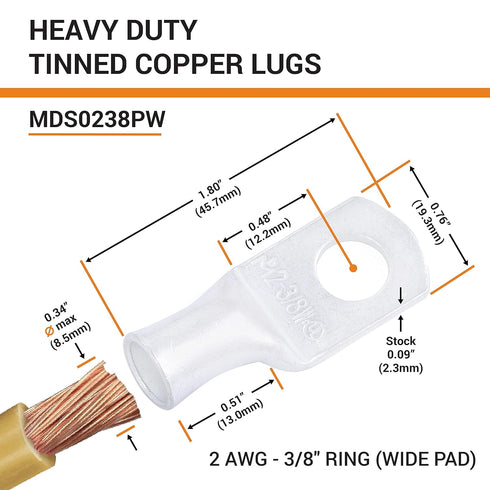 SELTERM 10pcs 2 AWG-3/8" Stud Tinned Copper Wire Lugs, Heavy Duty Battery Cable Ends, UL Battery Lugs