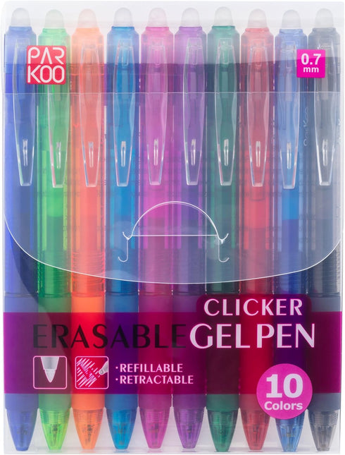 ParKoo Retractable Erasable Gel Pens, Clicker, Fine Point 0.7mm, Assorted Color Inks, 10-Pack