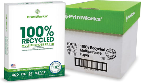 Printworks 100% Recycled Multipurpose Paper, 20 lb, 92 Bright, 8.5 x 11", White, 6 Reams (2400 sheets)