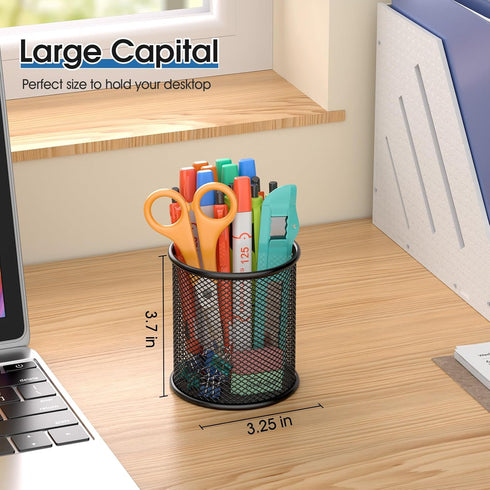MaxGear Pen Holder, 3 Pack Pencil Holder for Desk, Premium Mesh Metal Organizer, Black, 3.7’’ Tall