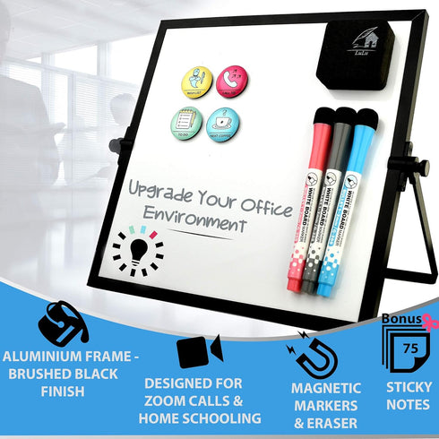 Small Dry Erase White Board 10"X10", Desktop Black Frame with Stand, 3 Markers