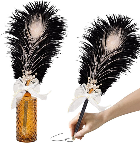 CROWN GUIDE Ostrich Feather Quill Ballpoint Pen - Wedding Guest Book Signing Reception Fancy Nikkah Pen