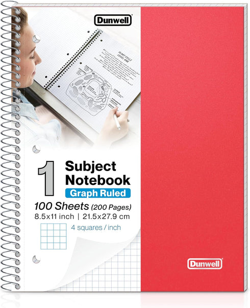 Dunwell Graph Ruled Notebook 4x4 (Red), 100 Sheets, 1 Subject Graph Paper Notebook 8.5 x 11, Durable Poly Divider with