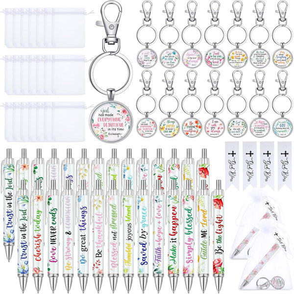 Jetec Christian Gift Set - Floral Bible Verse Ballpoint Pens, Keychains, Mini God Bless Cards, Religious Gifts