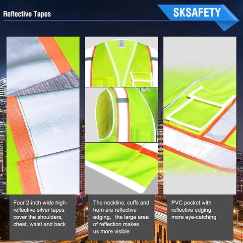 SKSAFETY 10 Pockets Safety Vest, Class 2 High Visibility Security with Zipper Back Mesh, Hi Vis Vest with Reflective