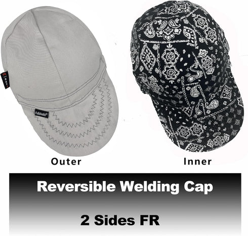 Reversible Welding Cap CAT2, Onesize Flame Resistant Cotton Welder Hat, HRC 2, Grey