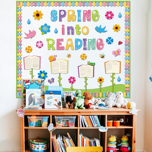 gisgfim Spring Reading Bulletin Board Decorations Set, Spring Into Reading Butterflies Flowers Cutouts