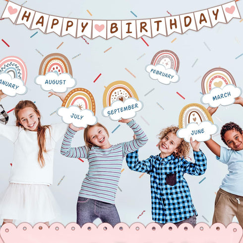 Marspark 65 Pieces Rainbow Birthday Bulletin Board Set for Classroom Decor, Birthday Chart Cutouts Decoration