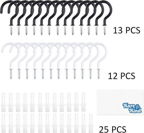 Kare Kind 25 pcs Ceiling Hooks, Rubber Coated with 13x Black and 12x White Hooks for Indoor Outdoor Use