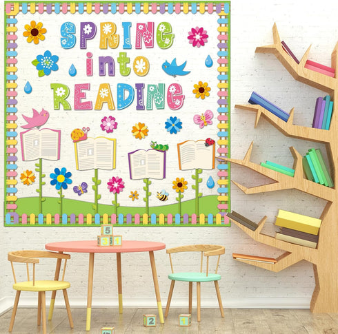gisgfim Spring Reading Bulletin Board Decorations Set, Spring Into Reading Butterflies Flowers Cutouts