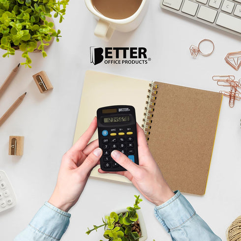 Better Office Products Pocket Size Mini Calculators, 5 Pack, Handheld Angled 8-Digit Display, Standard Function, Assorted Colors (Blue, Black, Pink), Dual Power with Included AA Battery Power