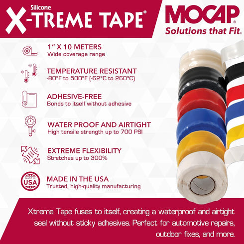 X-Treme Tape MOCAP Heavy Duty Electrical Tape, Self-Fusing Silicone Rubber, 1" x 10ft Roll, Black