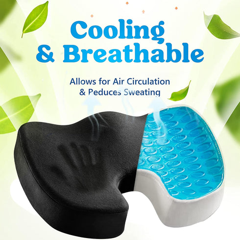 Tailbone Cooling Gel Seat Cushion for Long Sitting - Memory Foam Chair Pillow for Sciatica Pain Relief - Orthopedic Gel