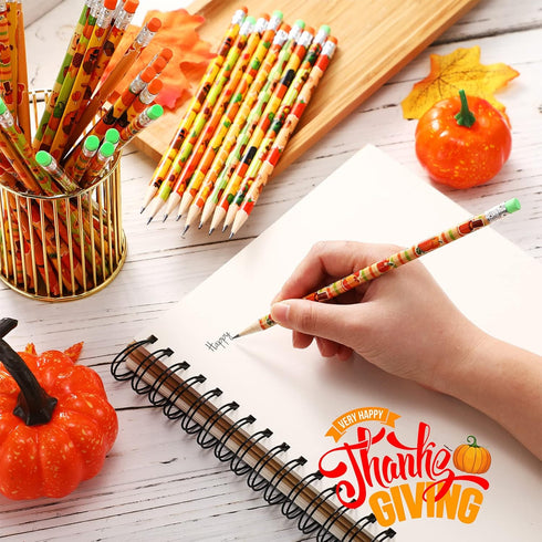 Fall Pencil Thanksgiving Assortment Wood Pencils, Autumn Cylinder Decorative Pencils for Kids School Supplies (100 Pcs)