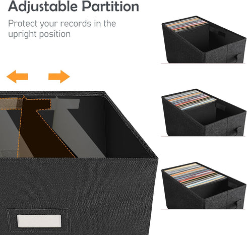 Vinyl Record Storage Box for 7"/45 RPM LPs, Black Case Holds up to 80 Albums, Collapsible File Folder Organizer