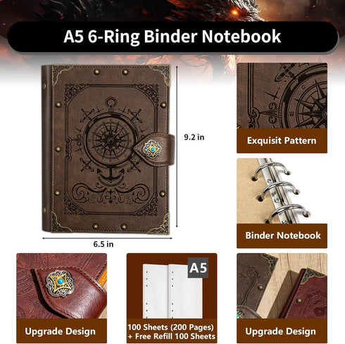 DUROTAN Compass Journal Notebook, Unique A5 Binder, 400 Page Travel Diary Writing Journal for Men Women