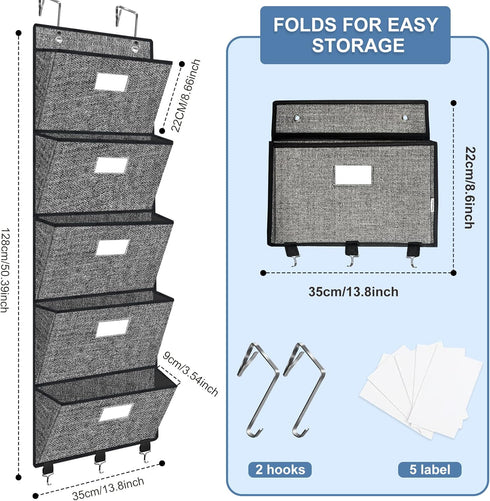 homyfort Over the Door File Organizer, Hanging Wall File Folders Organizer with 5 Large Pocket for Papers, Charts, Mails, Magazine, Office and Back To Supplies Storage and Organization (Black)