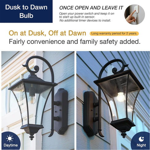 FLSNT Dusk to Dawn Outdoor Sensor A19 LED Light Bulb, 5000K Daylight, 7W (60W Equivalent), 800LM, 4 Pack