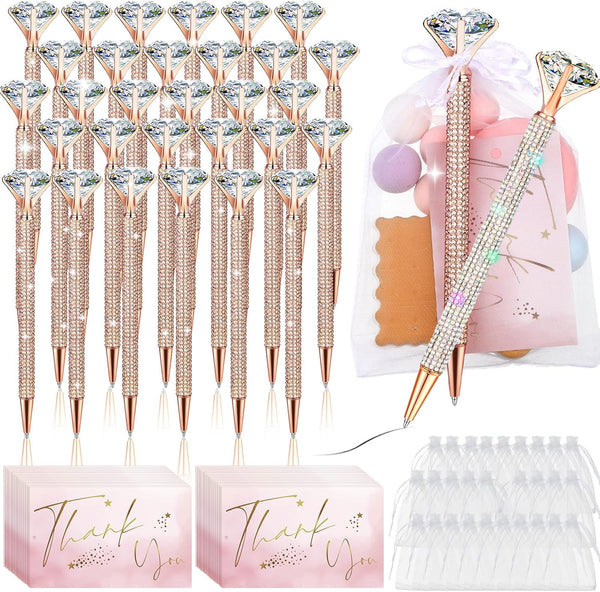 Yeaqee 91 Pcs Bridal Shower Diamond Pen Set, 31 Wedding Crystal Pens, 30 Organza Bags, 30 Cards, Rose Gold