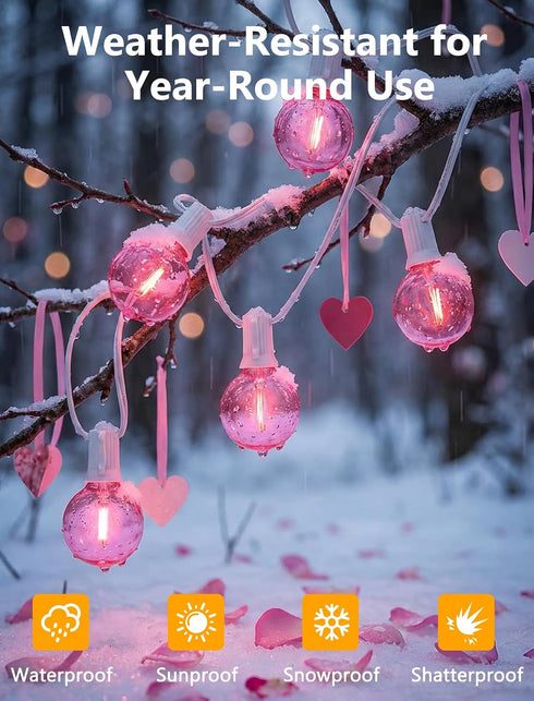 50Ft G40 27 Bulbs(2 Valentine's Day Outdoor String Lights, Valentines Day Decorations Lights with LED Pink Shatterproof
