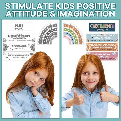 gisgfim 34 Pcs Spanish Boho Rainbow Growth Mindset Posters and Banners for Classroom Bulletin Board Decor