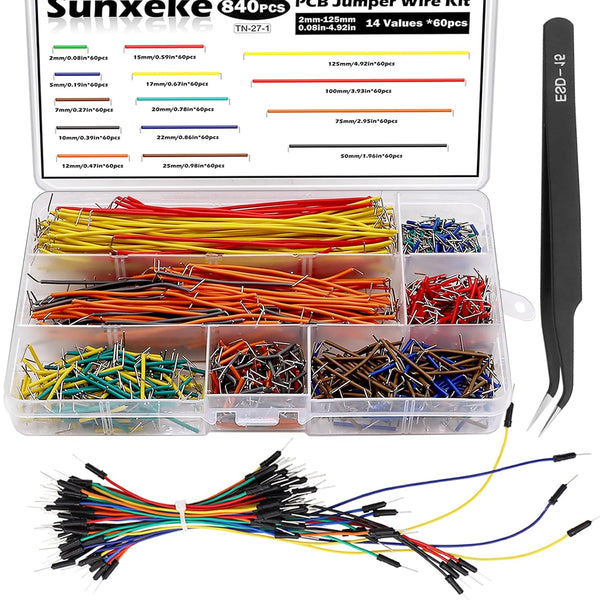 840Pcs Jumper Wire Kit, Solderless Flexible Breadboard, 14 Lengths Assorted, 65Pcs Jumper Wires, Tweezers & Box