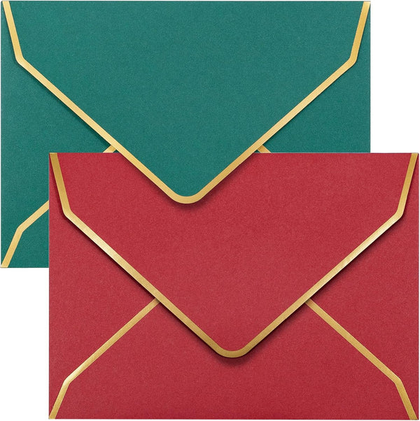 Invitation Envelopes, 50-Pack 5x7 Gold Foil Bordered Colored Envelopes, A7 Christmas Colors Red and Green