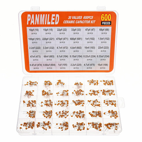 PANMILED 600 Pieces Ceramic Capacitor Assortment Kit, 30 Values from 10PF to 10UF Multilayer Monolithic