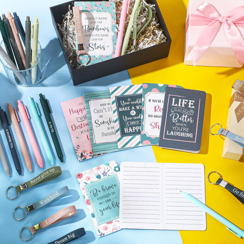 PerKoop 48 Pcs Inspirational Gifts, Bulk Motivational Notepads, Ballpoint Pens, Keychains Set for Teachers School Office