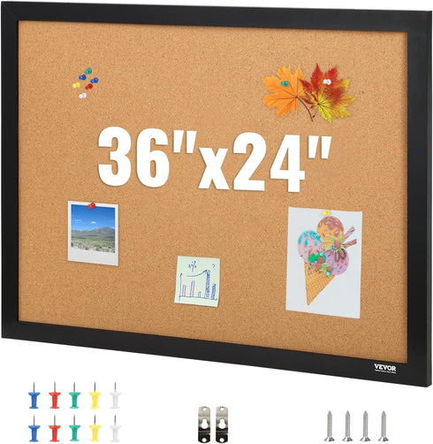 VEVOR 36" x 24" Cork Board for Office, Framed Bulletin Board with Push Pins for Home and School