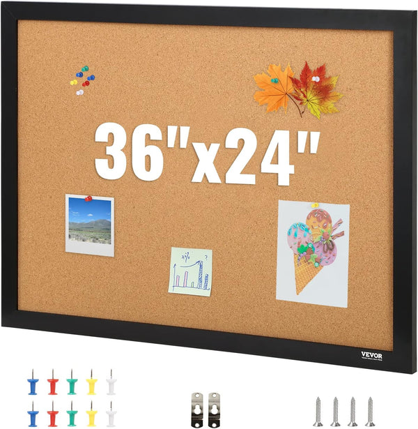 VEVOR 36" x 24" Cork Board for Office, Framed Bulletin Board with Push Pins for Home and School