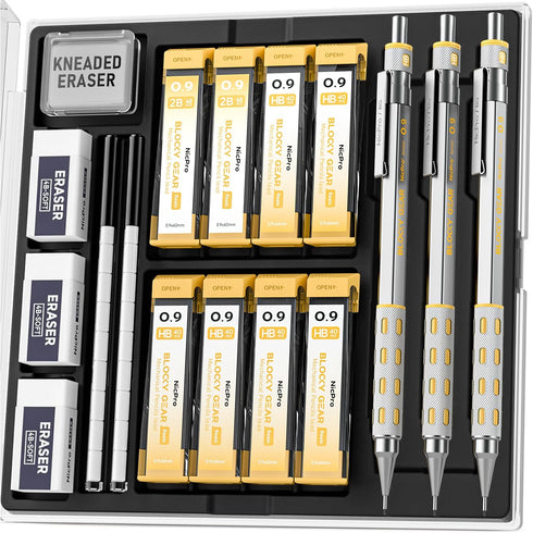 Nicpro Blocky Gear 0.9 mm Mechanical Pencils Set in Case, 3 Pack Metal Pencil with Lead Refills and Erasers