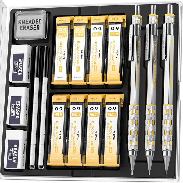 Nicpro Blocky Gear 0.9 mm Mechanical Pencils Set in Case, 3 Pack Metal Pencil with Lead Refills and Erasers