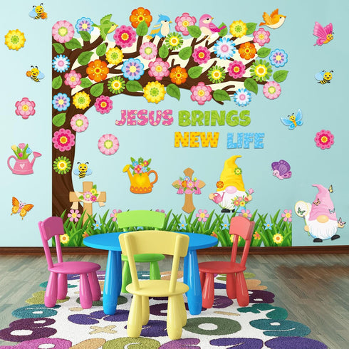 Zonon 114 Pcs Christian Spring Classroom Bulletin Board Decorations, Flower Tree Set for Sunday School Kids Office