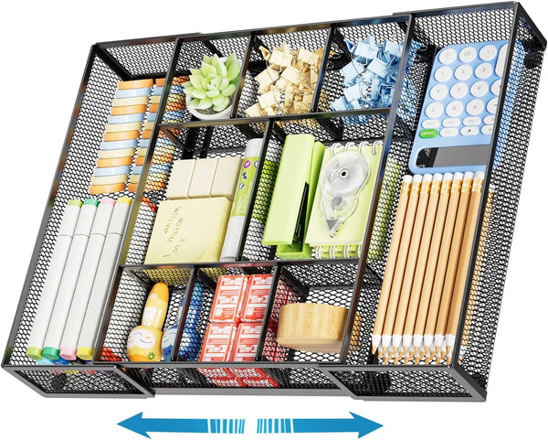 Marbrasse Expandable Desk Drawer Organizer, Mesh Tray with 10 Adjustable Compartments for Office Supplies, Black
